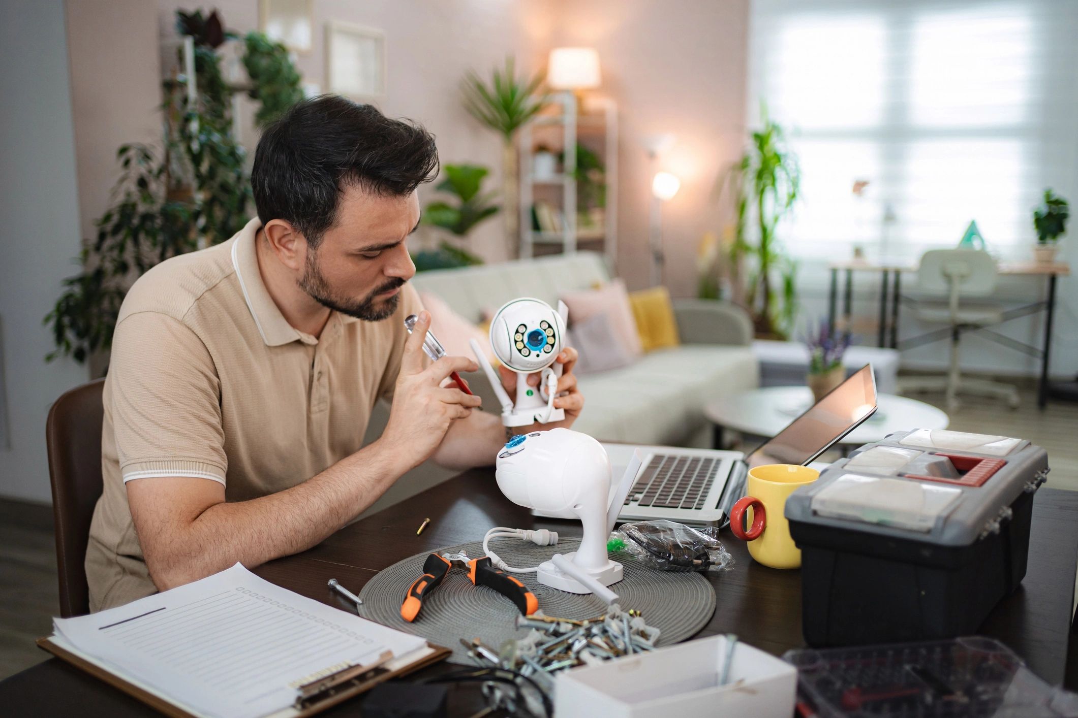 Technician preparing a smart security camera system for home installation